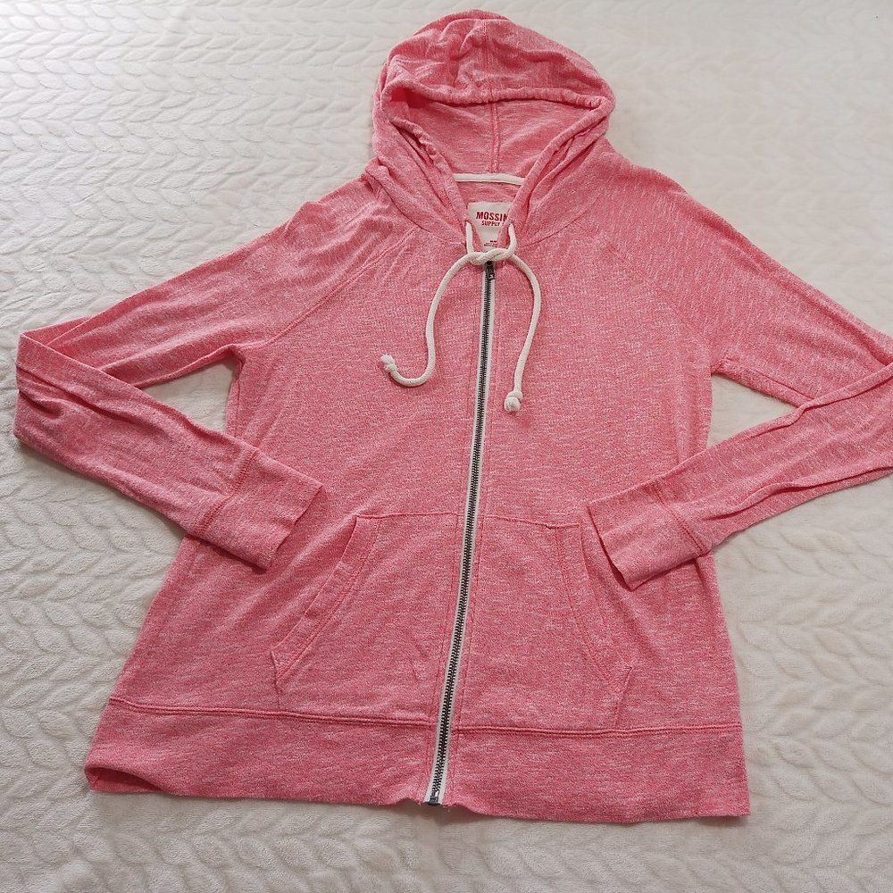 Mossimo Womens Sweater Jacket Medium Pink Hooded Long Sleeve Zip Pockets Casual